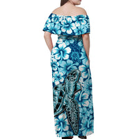 Blue off-shoulder maxi dress with turtle print and hibiscus flowers, back