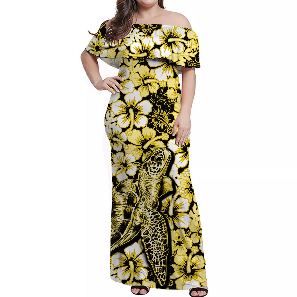 Yellow off-shoulder long dress with turtle and hibiscus floral print, women's front