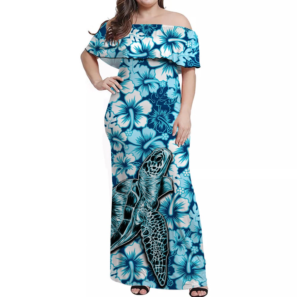 Blue off-shoulder maxi dress with turtle print and hibiscus flowers, front