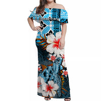 Blue off-shoulder long dress with turtle and tropical flower print, short sleeves