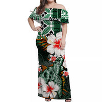 Women’s off-shoulder long green dress with turtle & hibiscus floral print