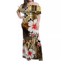 Gold off-shoulder long dress with turtle and red/white floral print
