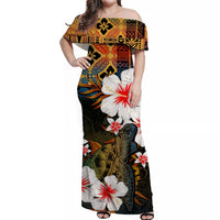 Off-shoulder long Polynesian dress with turtle and hibiscus floral print, multicolor