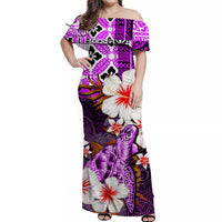Purple off-shoulder maxi dress with short sleeves, floral sea-life print and red accents
