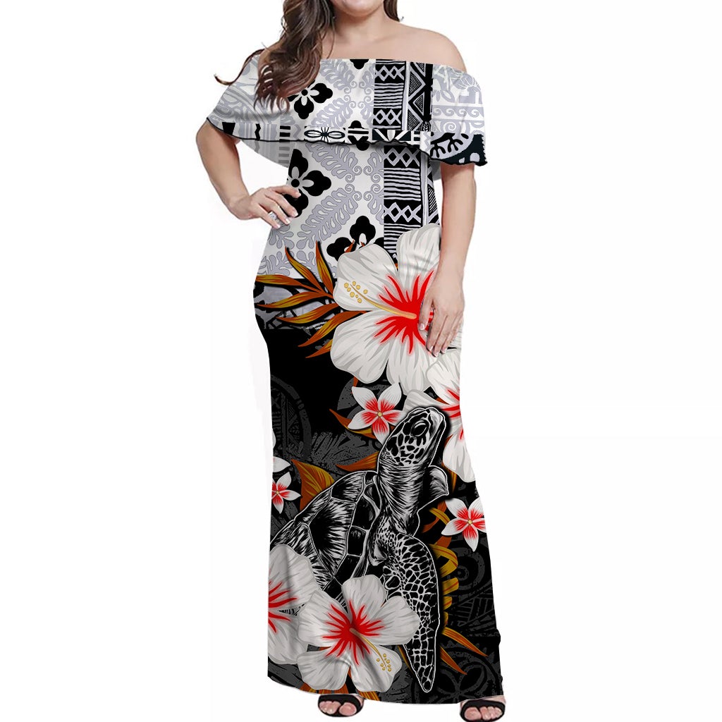 Women off-shoulder maxi dress, black with white red floral and turtle print
