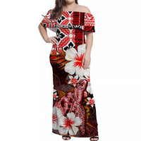 Red off-shoulder long maxi dress with floral tropical print and black accents