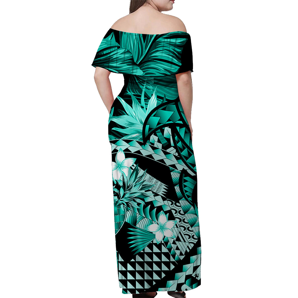 Tropical turtle Hawaiian off-shoulder maxi dress, teal palm and flower pattern on black