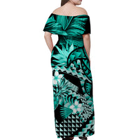 Tropical turtle Hawaiian off-shoulder maxi dress, teal palm and flower pattern on black