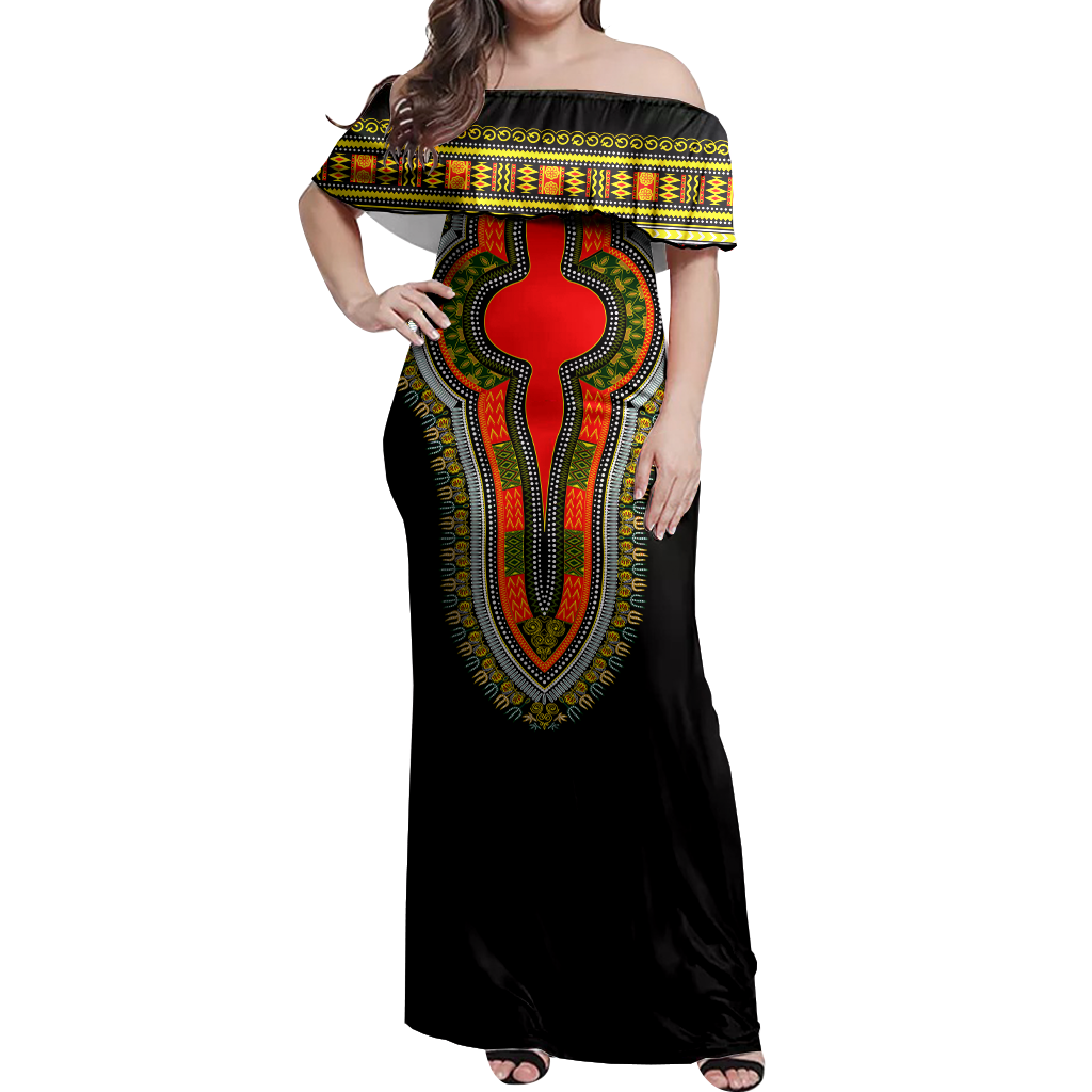 Women’s off-shoulder long dress with black base, multicolor dashiki panel, red center motif