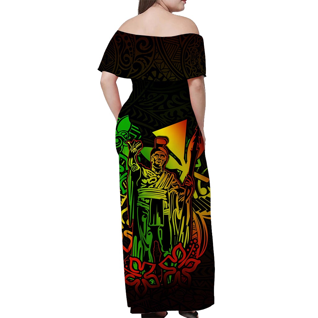 Women off-shoulder long dress, black multicolor Polynesian print, back view