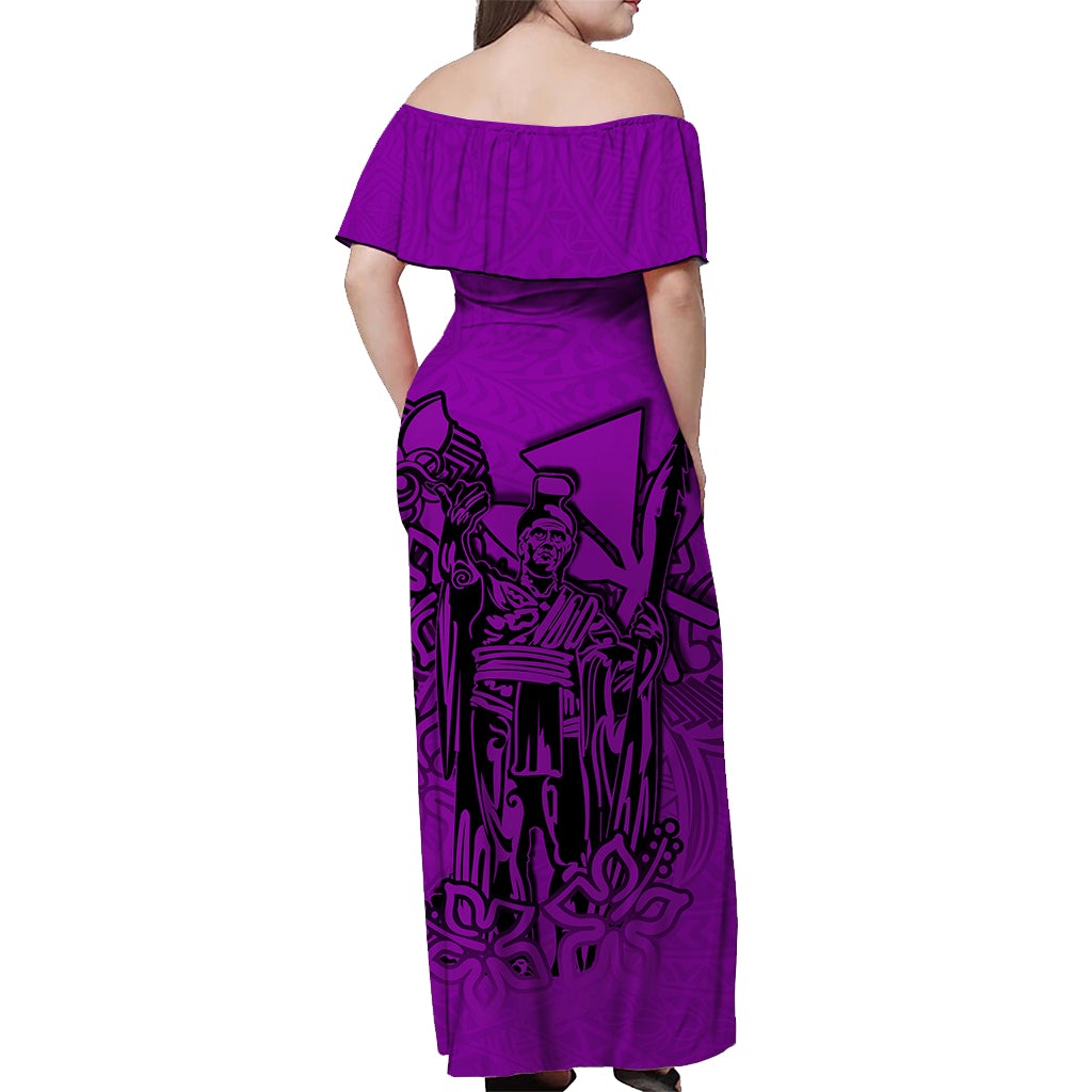 Back view purple off-shoulder long dress with black tribal print and gathered waist seam