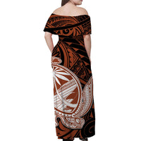 Women’s off-shoulder long dress, brown tribal print with large turtle motif