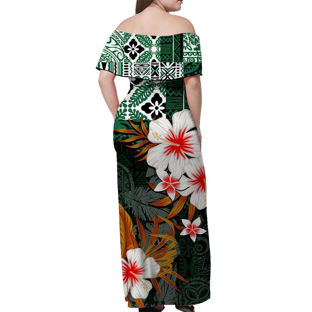 Back view green off-shoulder maxi dress with tropical floral ukulele-style print