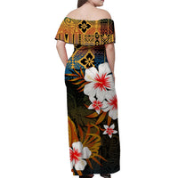 Womens multicolor off-shoulder long dress with tiki and tropical floral print, side view
