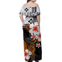 Women’s off-shoulder maxi dress in black with white and red flower tiki print, back view