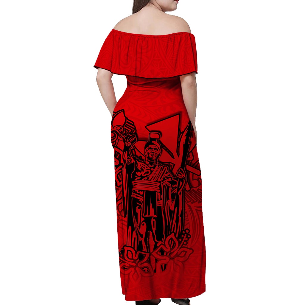 Red off-shoulder long dress with black Polynesian-style print; exposed back