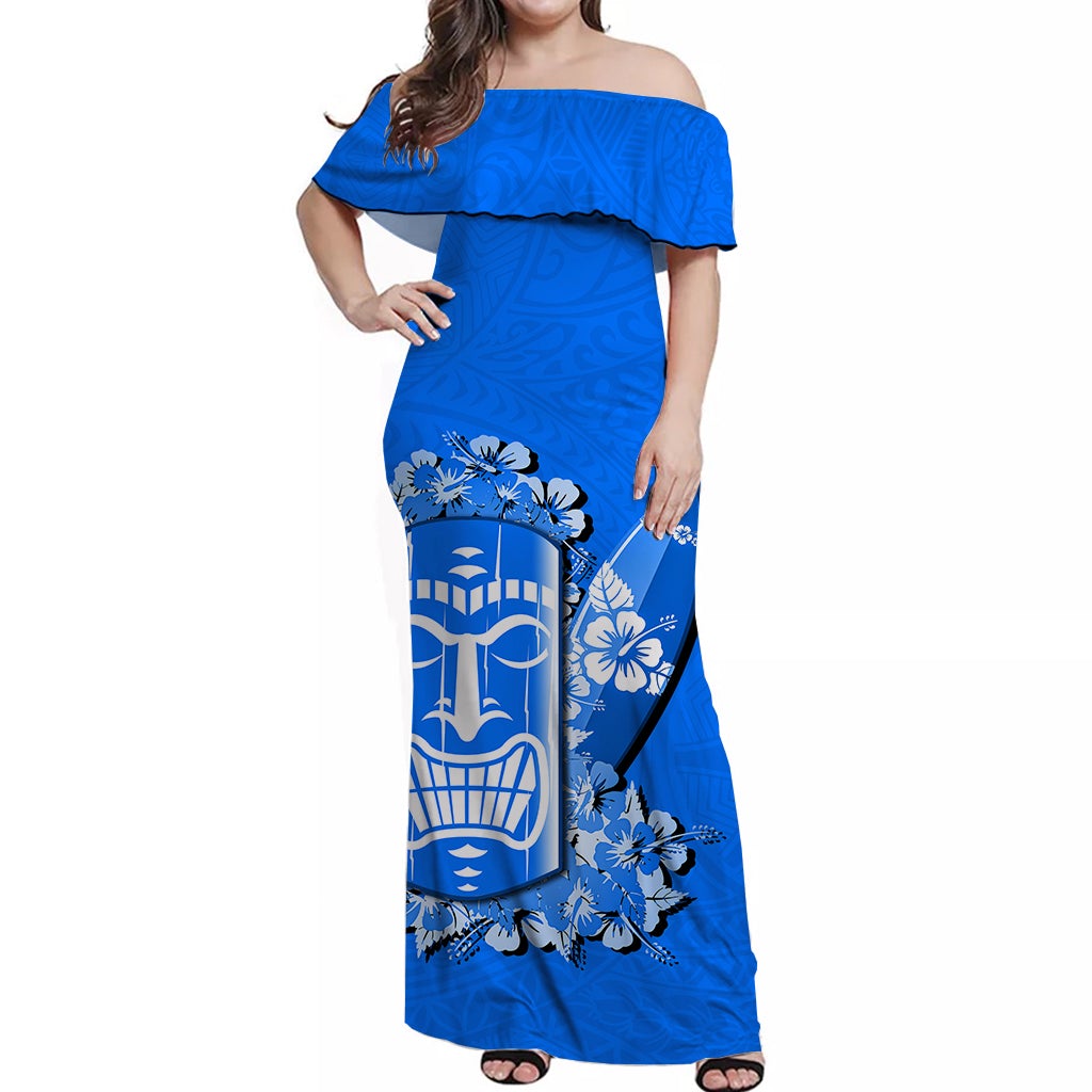 Blue off-shoulder long dress, tiki and flower print, ruffled neckline