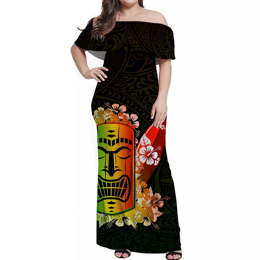 Women off-shoulder long tiki print dress, dark base with multicolor flowers and mask