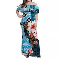 Blue off-shoulder maxi dress with tropical floral print and wide short sleeves