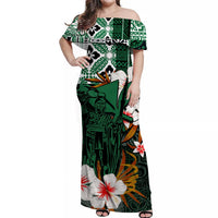Green off-shoulder long dress with bold Polynesian floral and geometric print