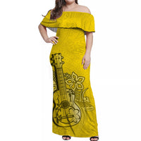 Yellow off-shoulder long dress with ukulele graphic print, short ruffled sleeves