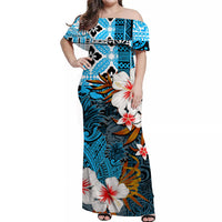 Blue off-shoulder long dress with tropical floral print, short flutter sleeves