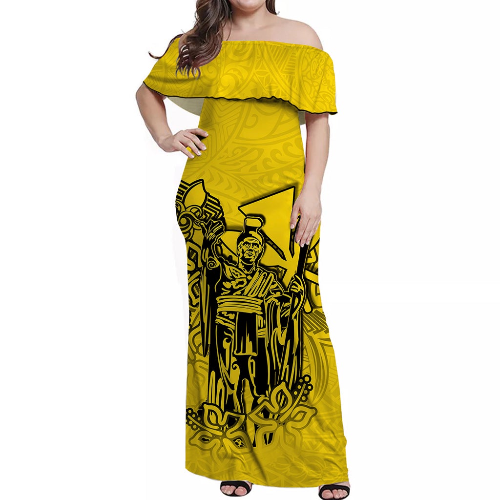 Yellow off-shoulder long dress with bold Polynesian-style graphic print