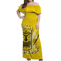 Yellow off-shoulder long dress with ruffled sleeves and tiki face print