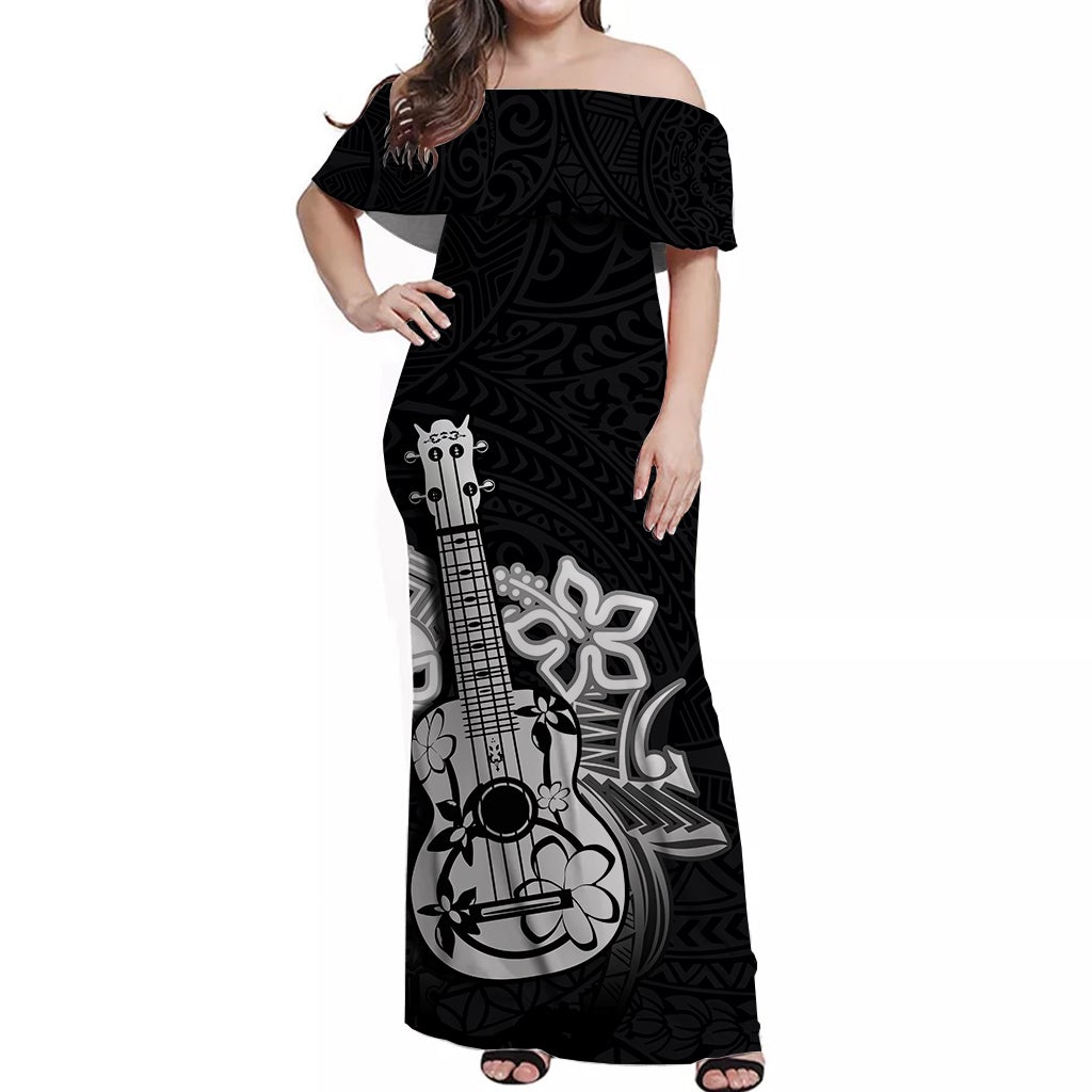 Black off-shoulder long dress with short sleeves and large ukulele graphic print