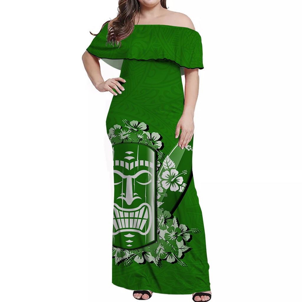 Green off-shoulder maxi dress with tiki-style floral print, women’s fit
