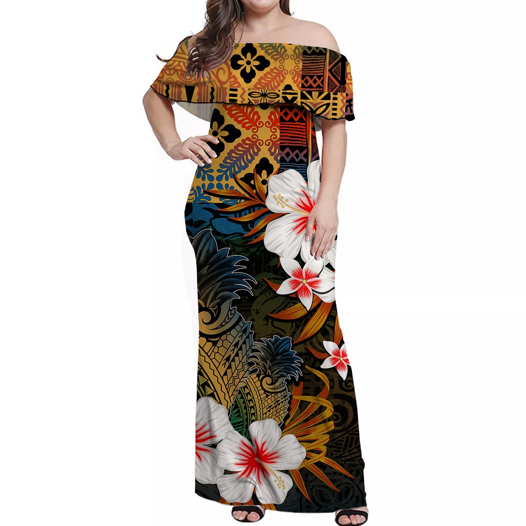 Women’s off-shoulder long dress with tropical floral and leaf print, multicolor