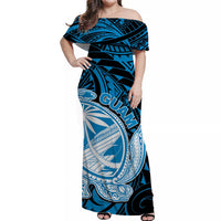 Women’s off-shoulder long dress in light blue with Polynesian turtle print