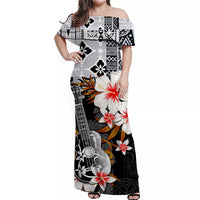 Black off-shoulder maxi dress, white/red/orange floral and ukulele graphic print