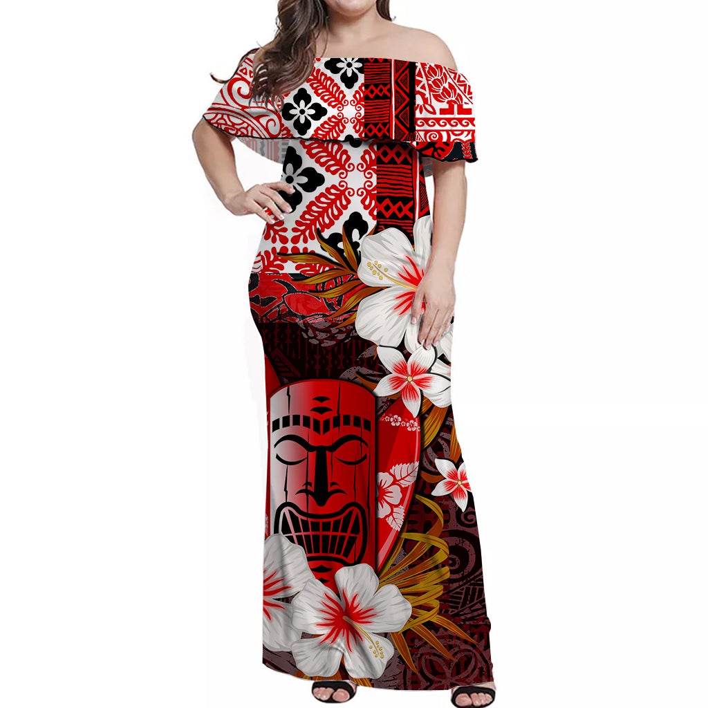 Red off-shoulder long dress with tiki floral print, short sleeves and gathered waist