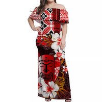 Red off-shoulder long dress with tiki floral print, short sleeves and gathered waist
