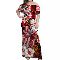 Off-shoulder long red dress with white red floral print, front view