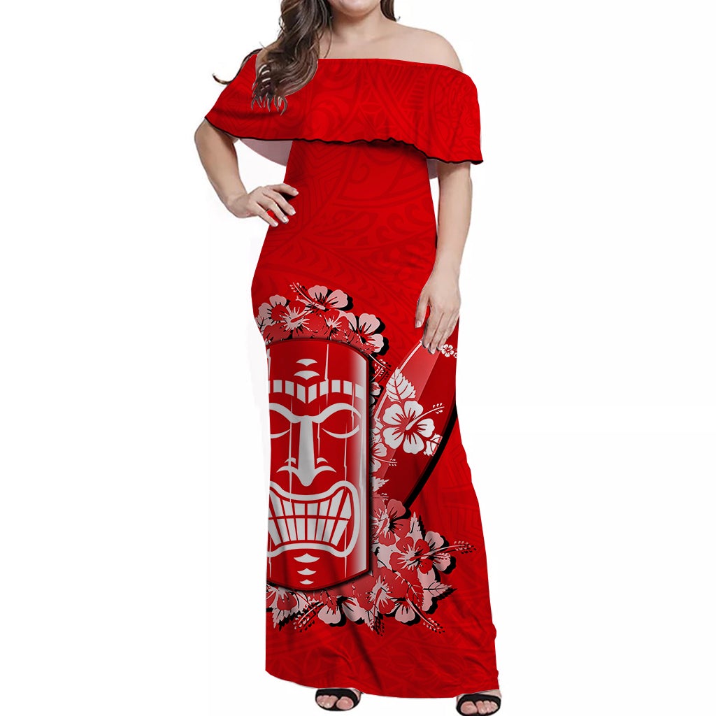 Red off-shoulder long dress with ruffled neckline, tiki mask floral print