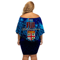 Off-shoulder short dress, blue with Fijian shield back print and loose elbow sleeves