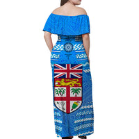 Blue off-shoulder long dress with ruffle top and back Fiji flag crest print