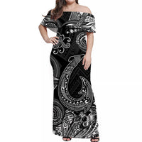 Women’s off-shoulder long dress in black with white Polynesian fishhook pattern