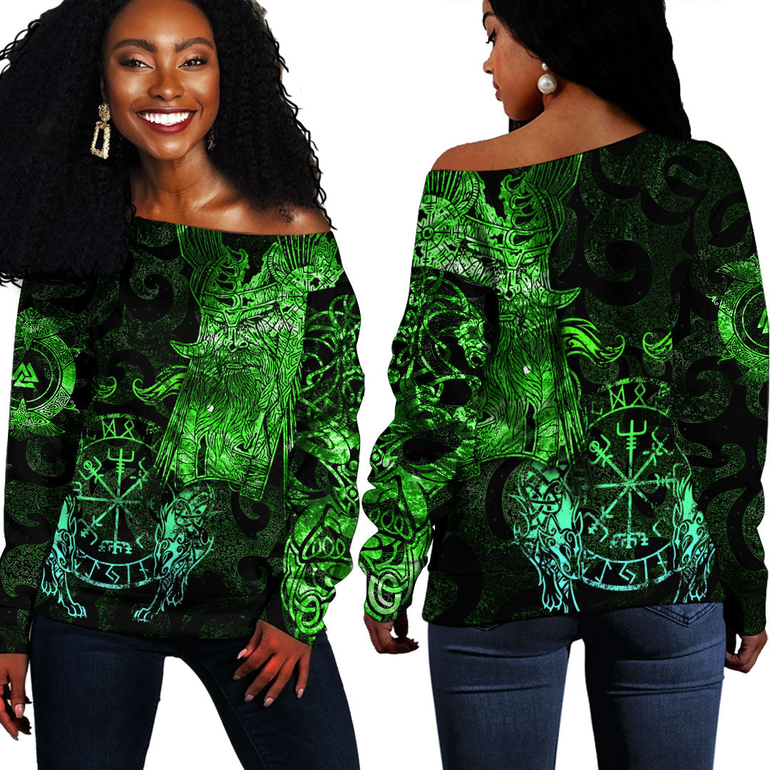 Viking Clothing Viking Odin Tattoo Green Version Off Shoulder Sweater RLT12 - Wonder Print Shop