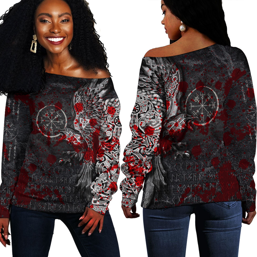 Viking Clothing Viking Odin Raven Tattoo Style Blood Version Off Shoulder Sweater RLT12 - Wonder Print Shop