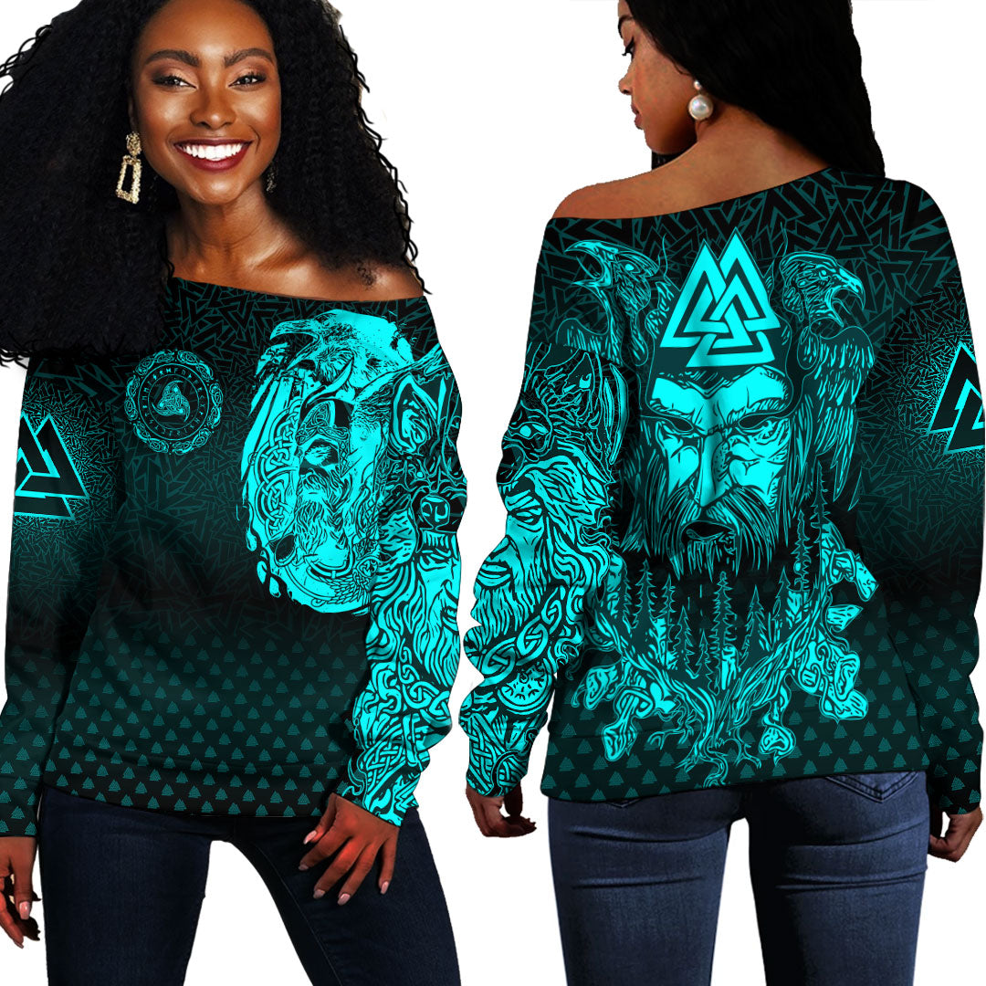 Viking Clothing Viking Odin Raven Tattoo Style Cyan Version Off Shoulder Sweater RLT12 - Wonder Print Shop