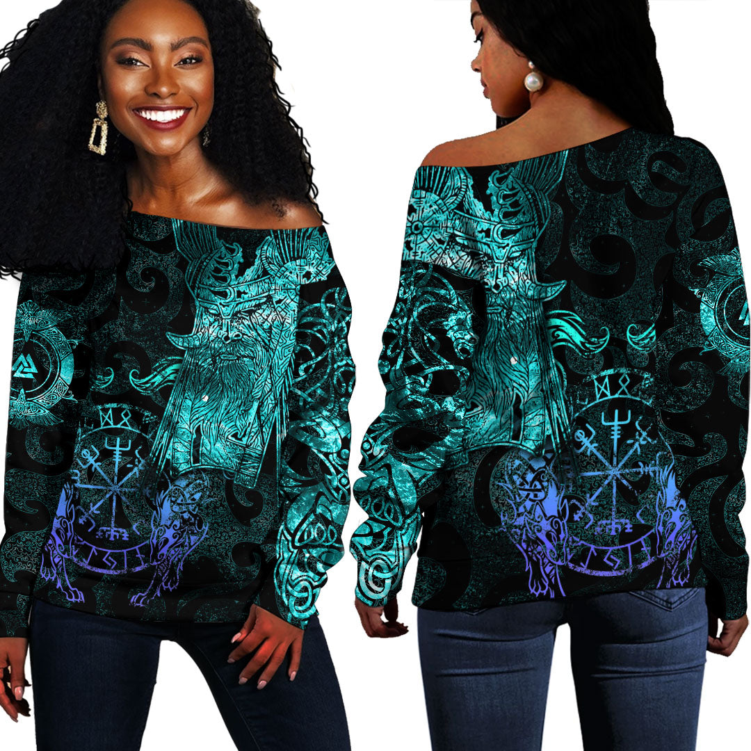 Viking Clothing Viking Odin Tattoo Cyan Version Off Shoulder Sweater RLT12 - Wonder Print Shop