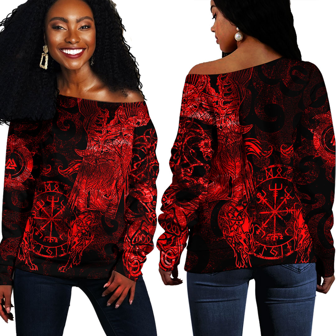 Viking Clothing Viking Odin Tattoo Red Version Off Shoulder Sweater RLT12 - Wonder Print Shop