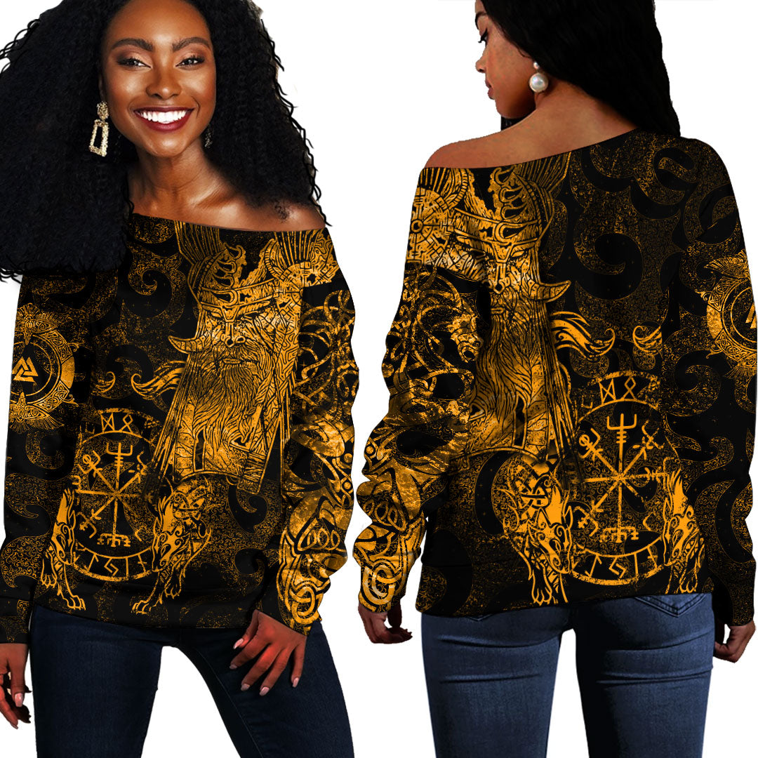 Viking Clothing Viking Odin Tattoo Gold Version Off Shoulder Sweater RLT12 - Wonder Print Shop