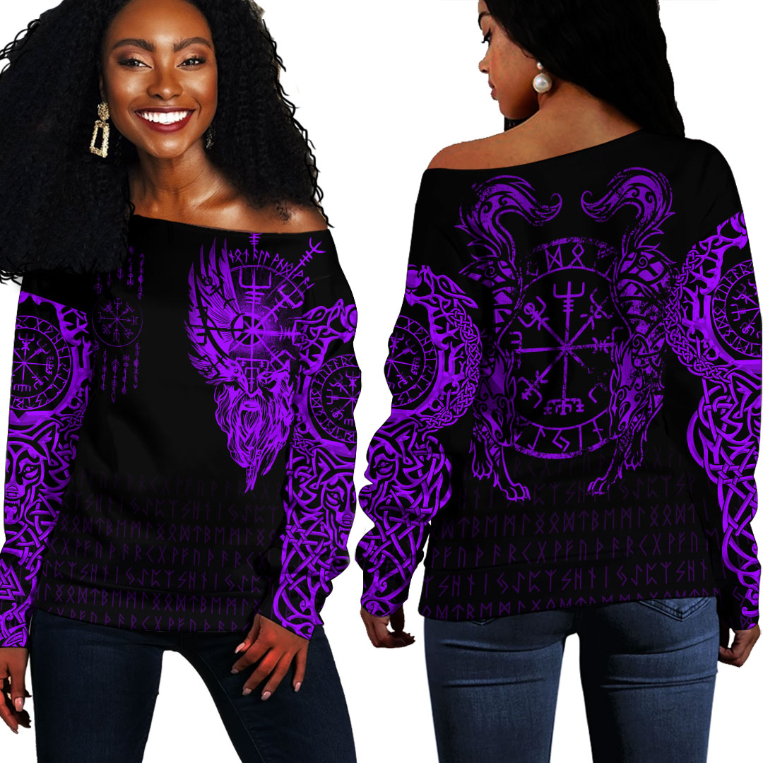 Women’s off-shoulder black sweater with purple Viking compass and Vegvisir print, long sleeve