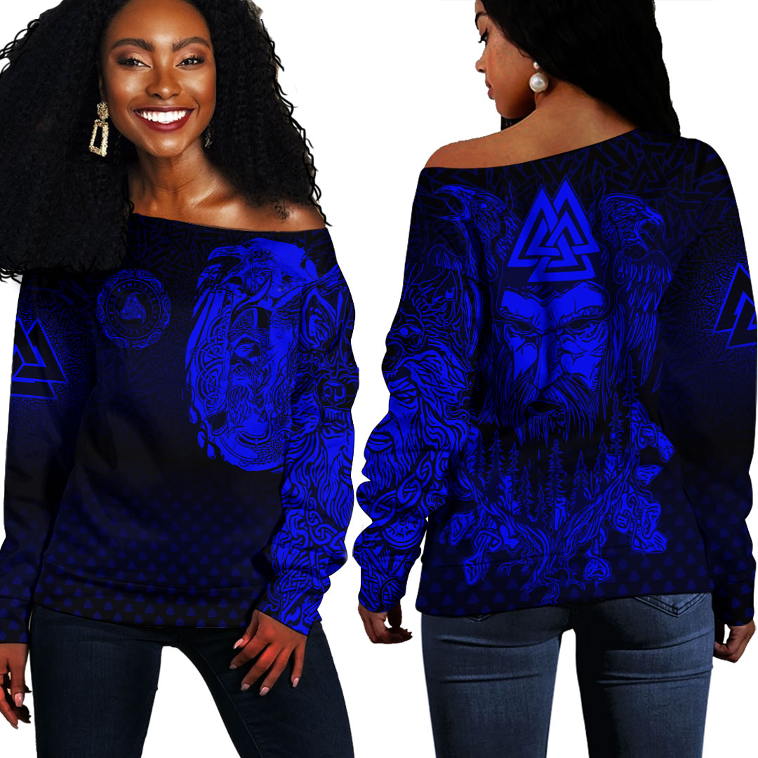 Viking Clothing Viking Odin Raven Tattoo Style Blue Version Off Shoulder Sweater RLT12 - Wonder Print Shop