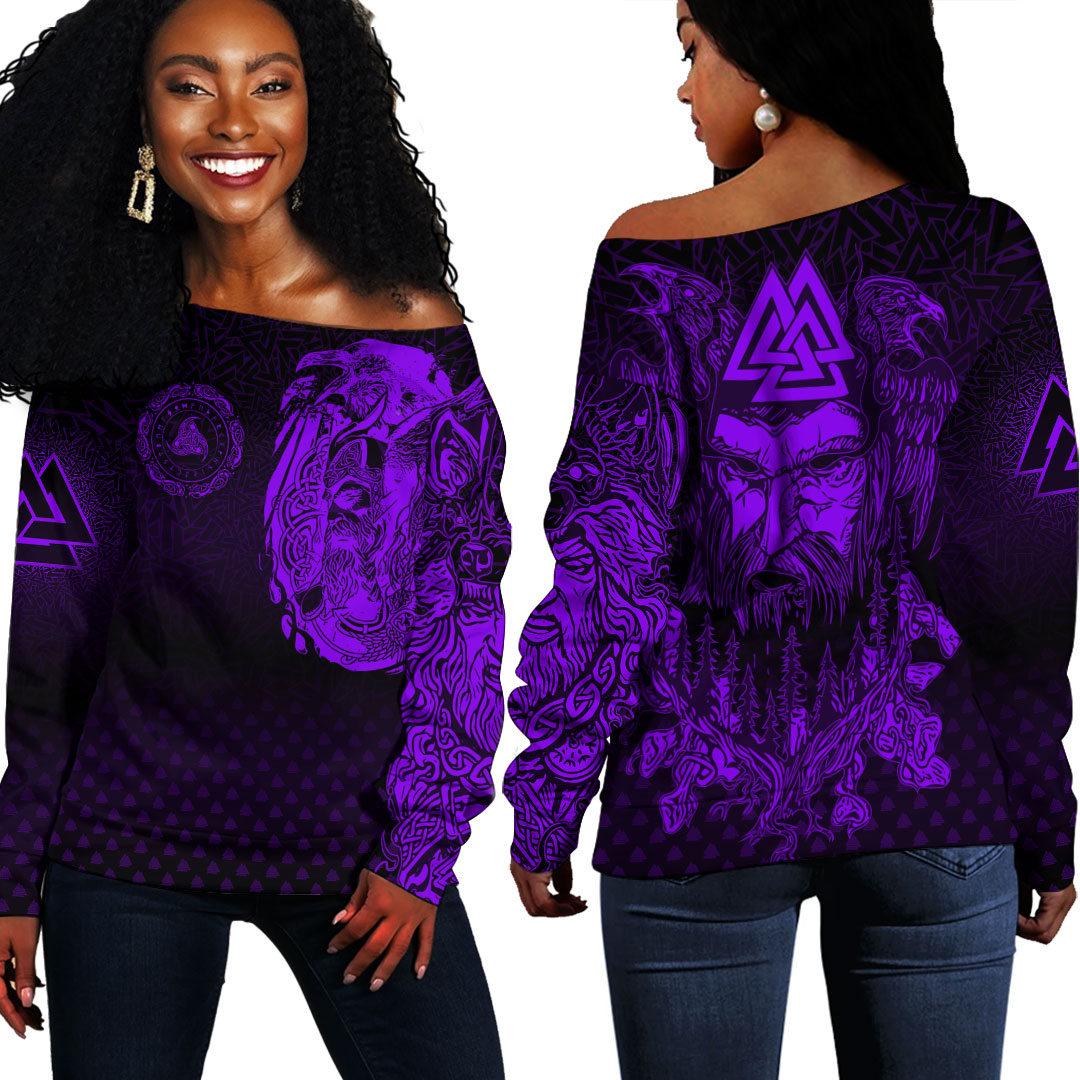 Viking Clothing Viking Odin Raven Tattoo Style Purple Version Off Shoulder Sweater RLT12 - Wonder Print Shop