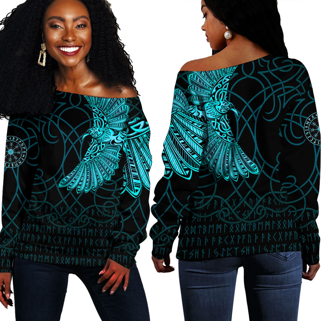 Viking Clothing Viking Odin's Celtic Ravens Cyan Version Off Shoulder Sweater RLT12 - Wonder Print Shop